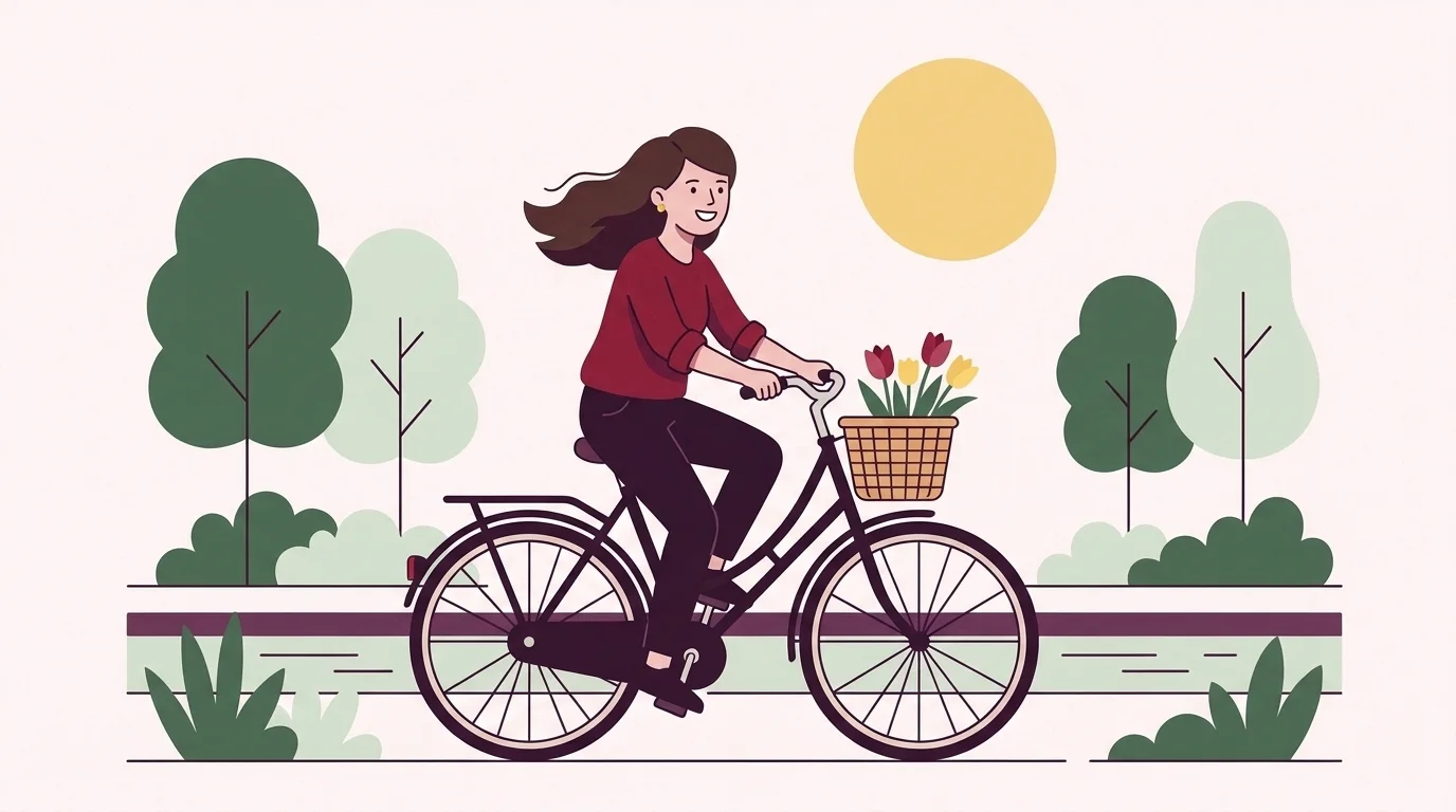Illustratie van een lachende vrouw die in de zon langs een gracht fietst