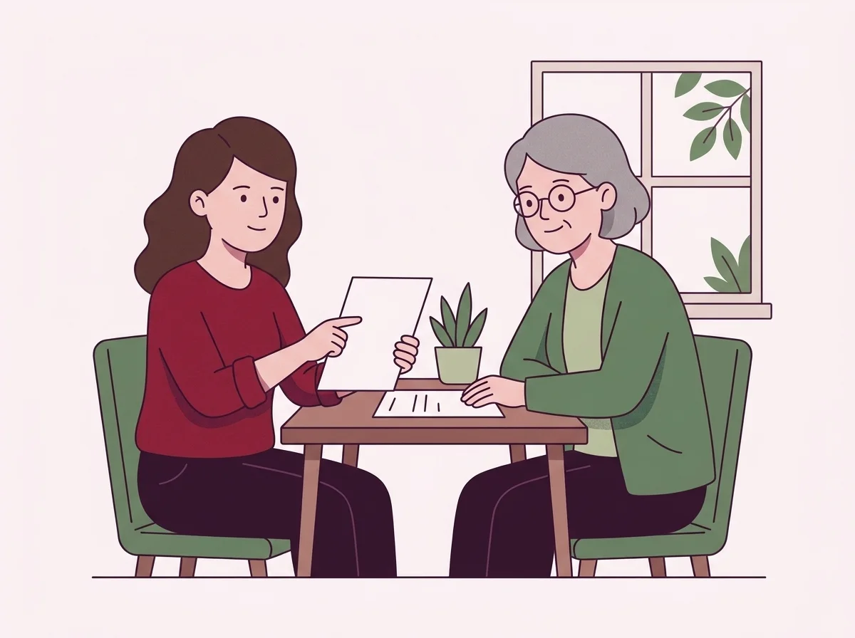 Illustratie van een huisarts die luistert naar een vrouw die haar aantekeningen laat zien