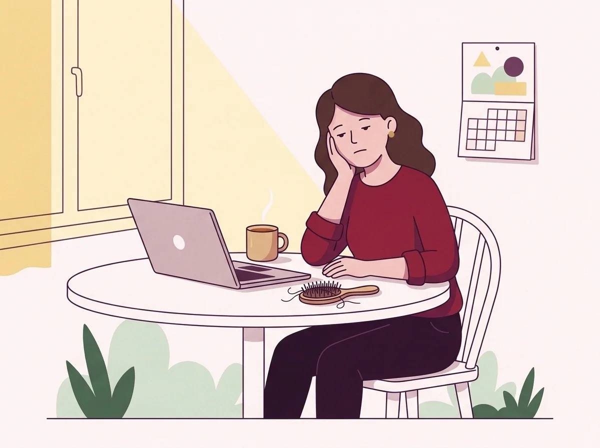 Illustratie van een vrouw die gaapt achter haar laptop, met een haarborstel op tafel